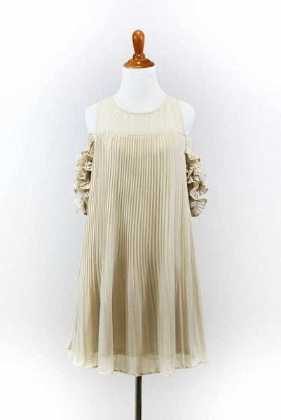 Light Taupe Pleated Off Shoulder Dress With Ruffle Sleeves - Yes Darling Boutique