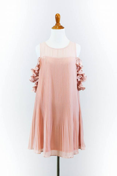 Pale Pink Pleated Off Shoulder Dress with Ruffled Sleeves - Yes Darling Boutique