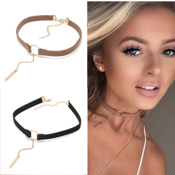 Faux Leather Choker Necklace Gold With Round Pendant - Yes Darling Boutique