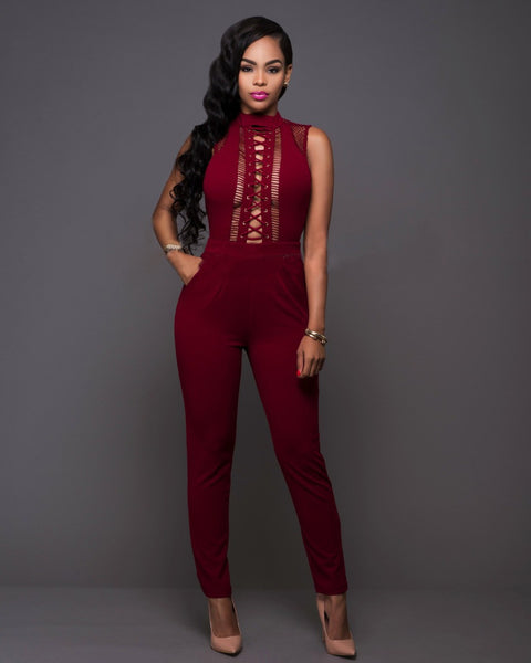 Lace Up Sleeveless Jumpsuit - Yes Darling Boutique
