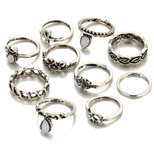 10Pcs Vintage Boho and Elephant Ring Set - Yes Darling Boutique